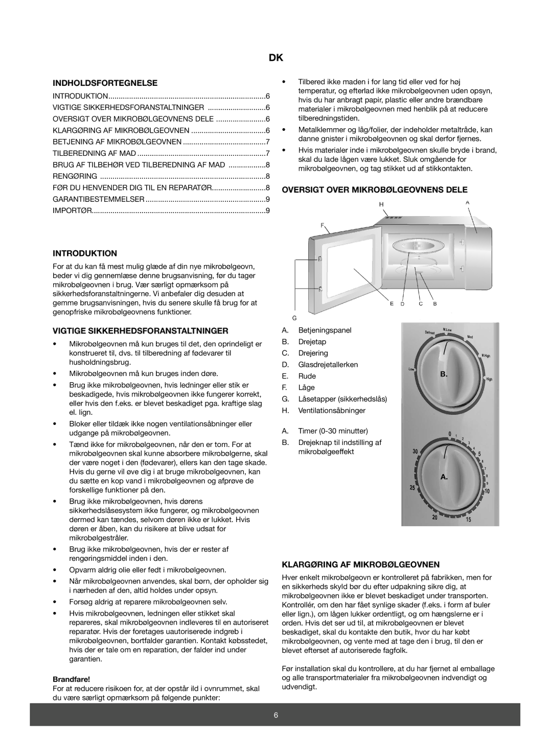 Melissa 653-067 Indholdsfortegnelse, Vigtige Sikkerhedsforanstaltninger, Oversigt Over Mikrobølgeovnens Dele, Brandfare 