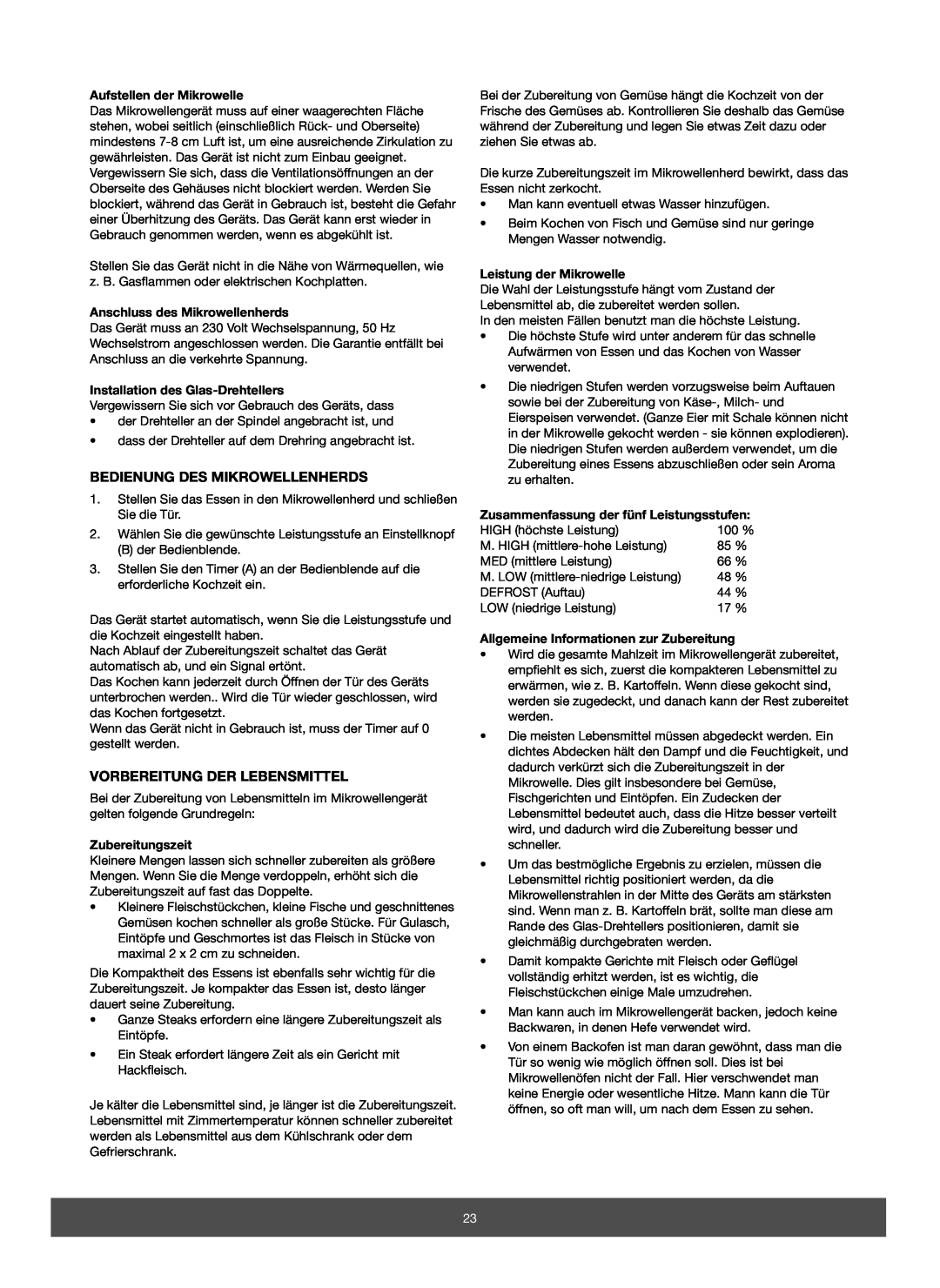 Melissa 653-067/068 manual Bedienung Des Mikrowellenherds, Vorbereitung Der Lebensmittel, Aufstellen der Mikrowelle 