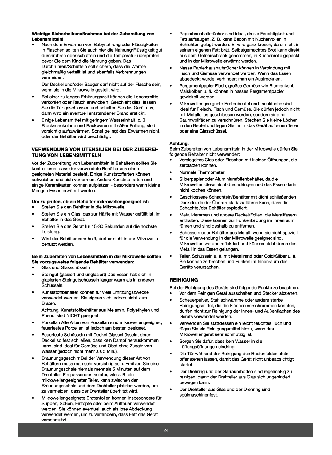Melissa 653-067/068 manual Verwendung Von Utensilien Bei Der Zuberei- Tung Von Lebensmitteln, Reinigung, Achtung 