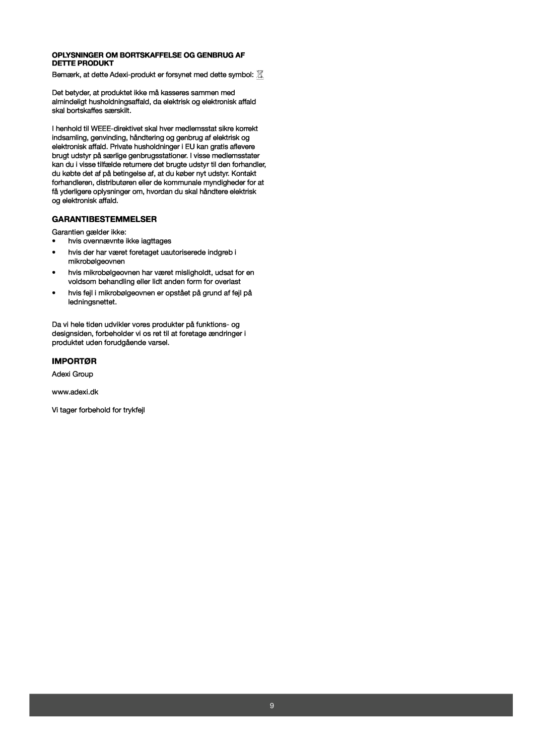 Melissa 653-067/068 manual Garantibestemmelser, Importør, Oplysninger Om Bortskaffelse Og Genbrug Af Dette Produkt 