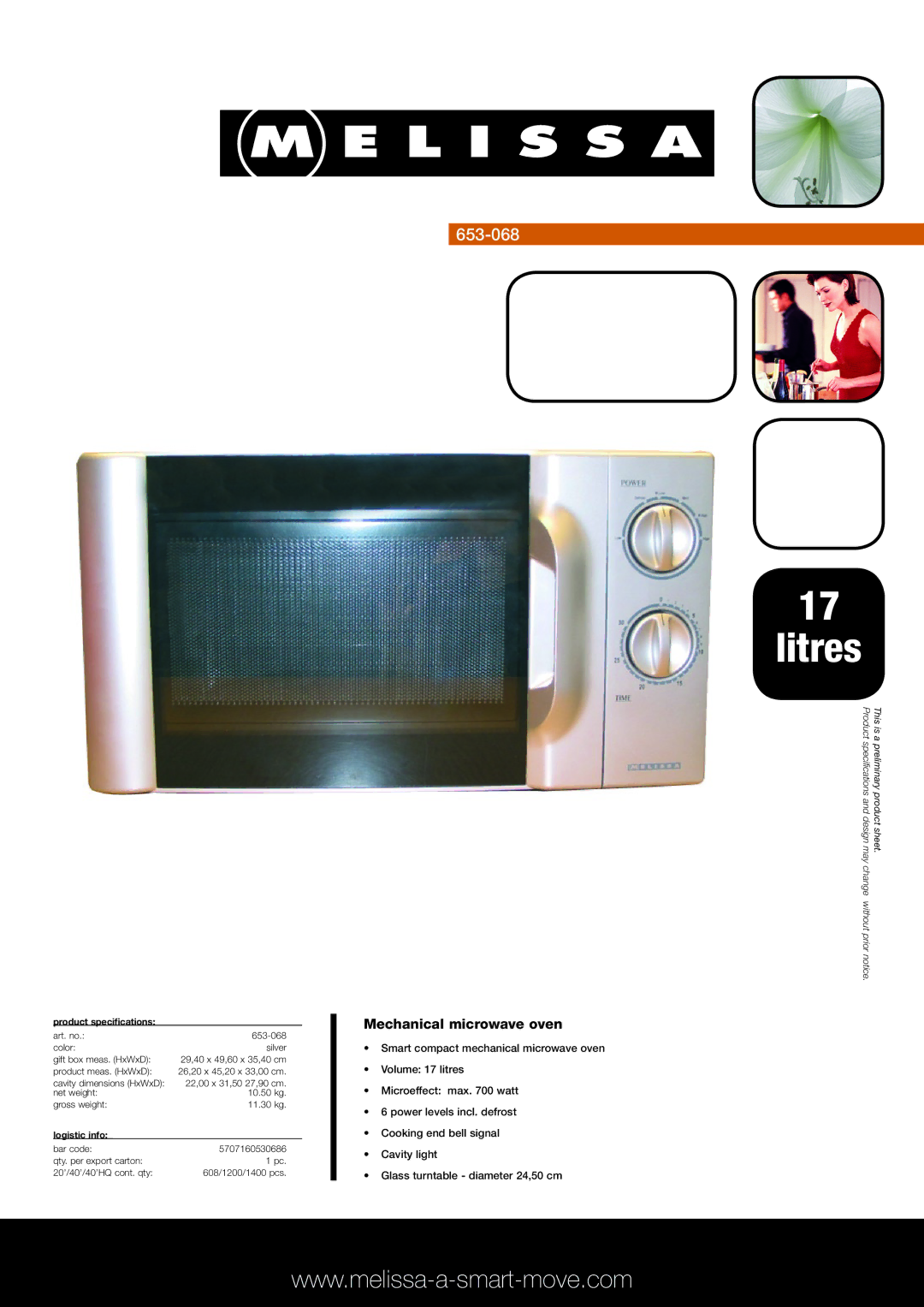 Melissa 653-068 specifications Litres, Mechanical microwave oven, Product specifications, Logistic info 