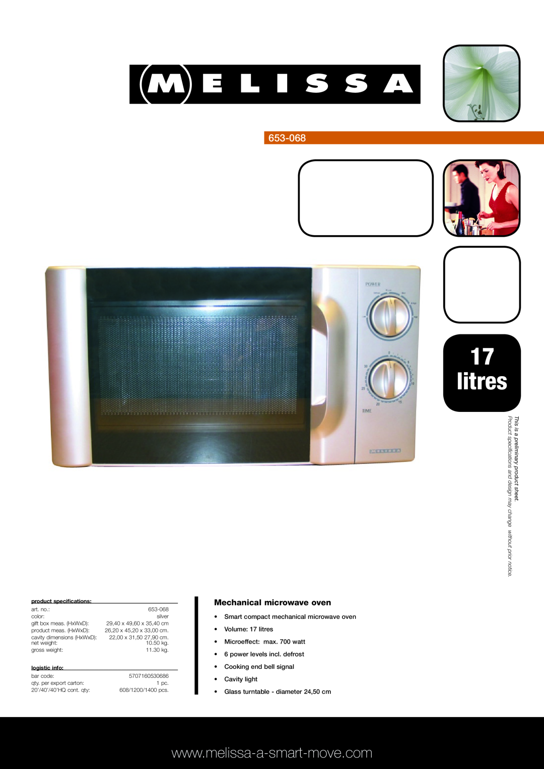 Melissa 653-068 specifications litres, Mechanical microwave oven, Smart compact mechanical microwave oven, logistic info 