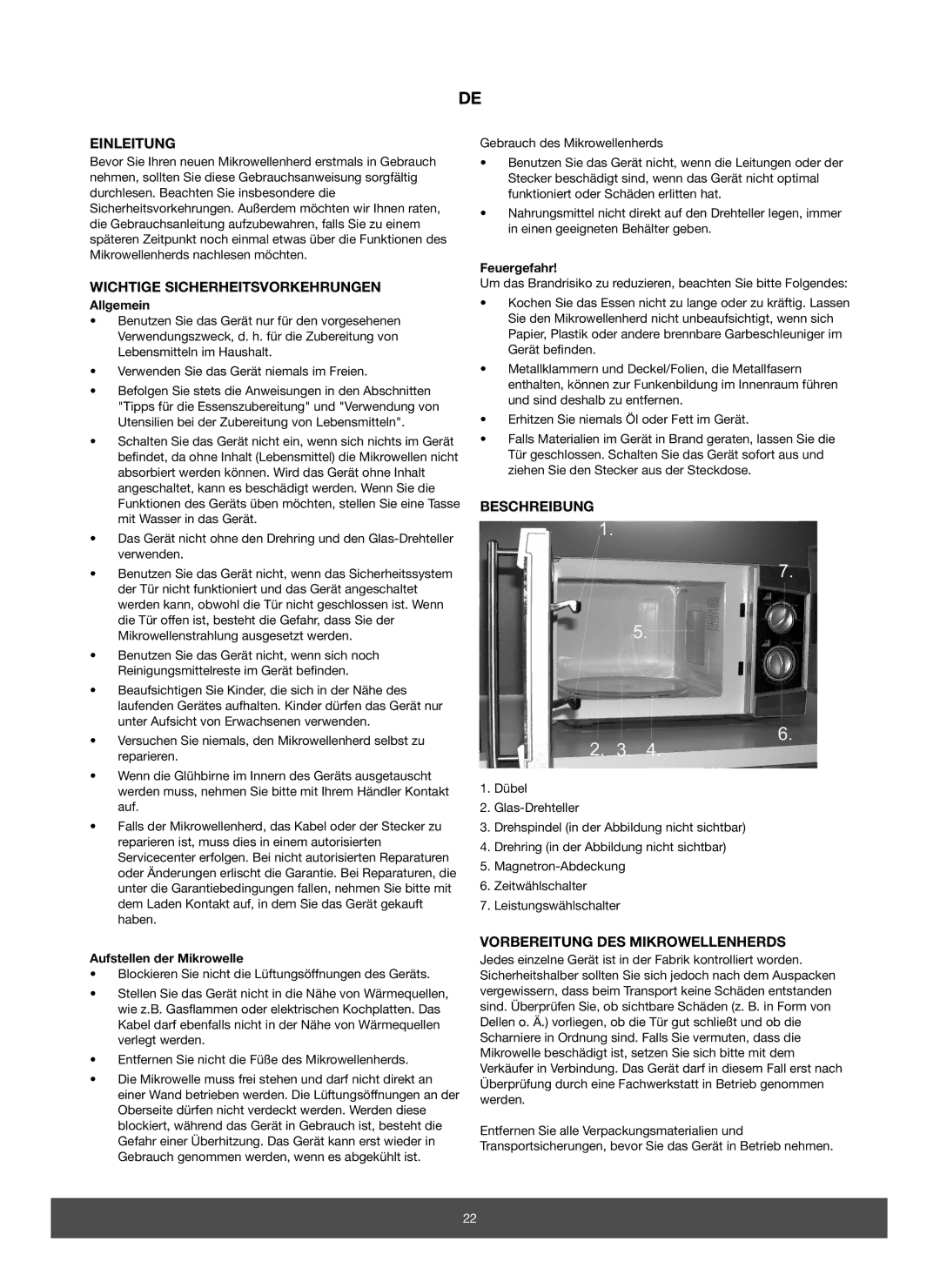 Melissa 653-070, 653-071 Einleitung, Wichtige Sicherheitsvorkehrungen, Beschreibung, Vorbereitung DES Mikrowellenherds 