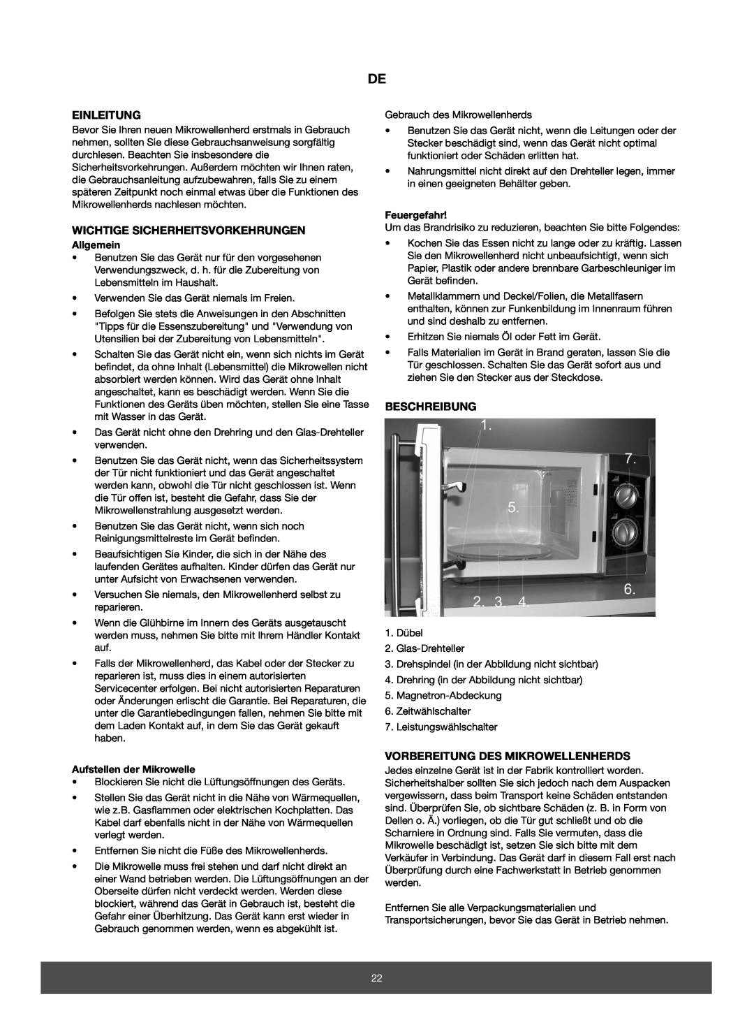 Melissa 653-070 Einleitung, Wichtige Sicherheitsvorkehrungen, Beschreibung, Vorbereitung Des Mikrowellenherds, Allgemein 