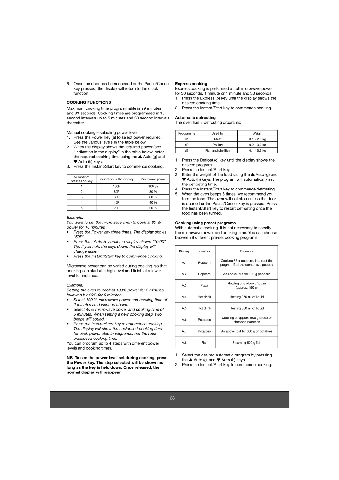 Melissa 653-081 manual Cooking Functions, Automatic defrosting, Cooking using preset programs 