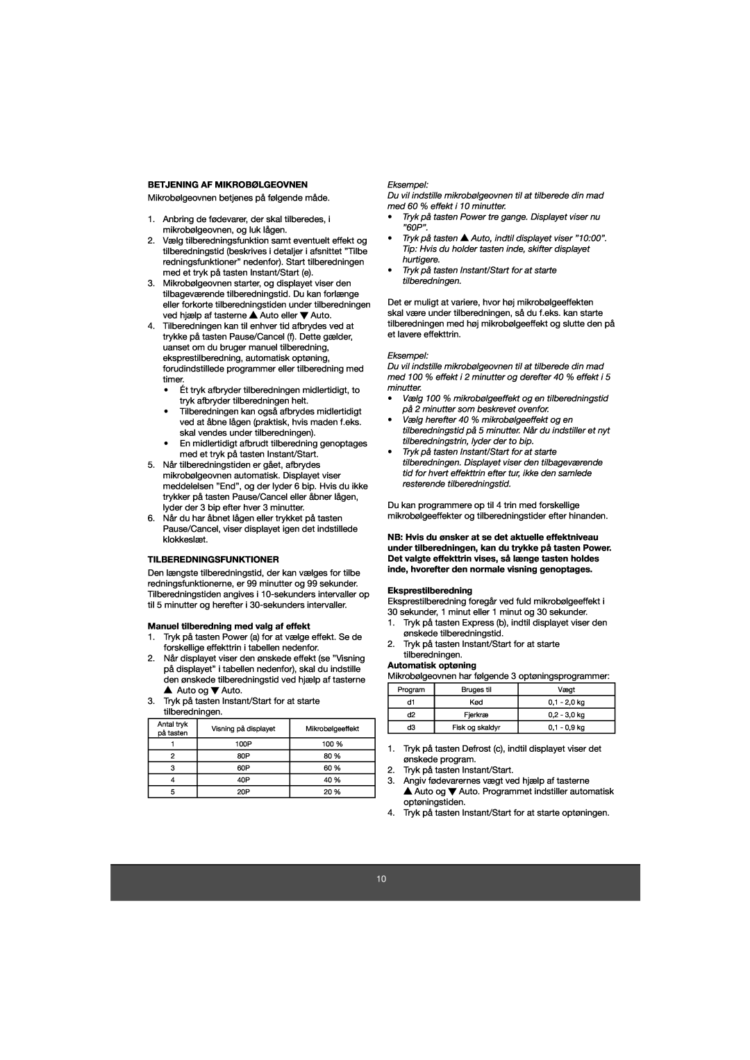Melissa 653-081 manual Betjening Af Mikrobølgeovnen, Tilberedningsfunktioner, Manuel tilberedning med valg af effekt 
