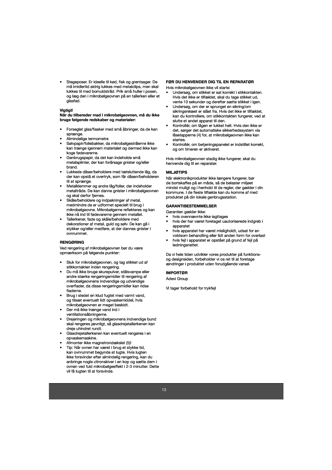 Melissa 653-081 manual Vigtigt, Rengøring, Før Du Henvender Dig Til En Reparatør, Miljøtips, Garantibestemmelser, Importør 