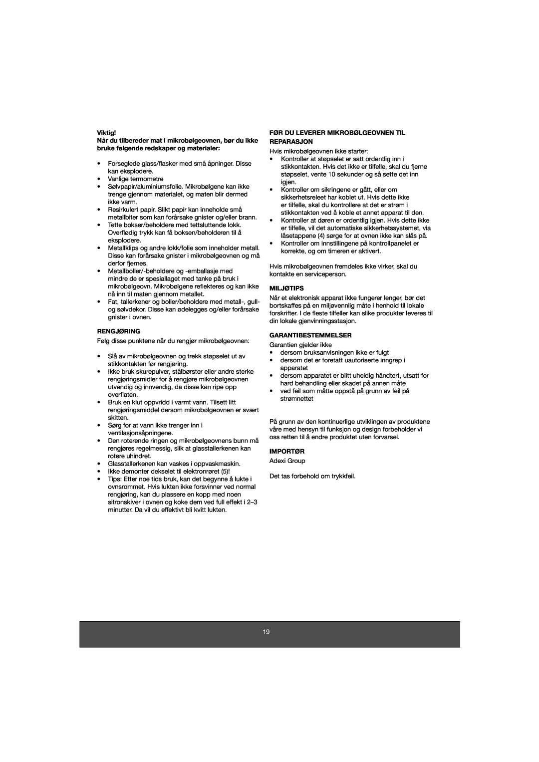 Melissa 653-081 manual Viktig, Rengjøring, Før Du Leverer Mikrobølgeovnen Til Reparasjon, Miljøtips, Garantibestemmelser 
