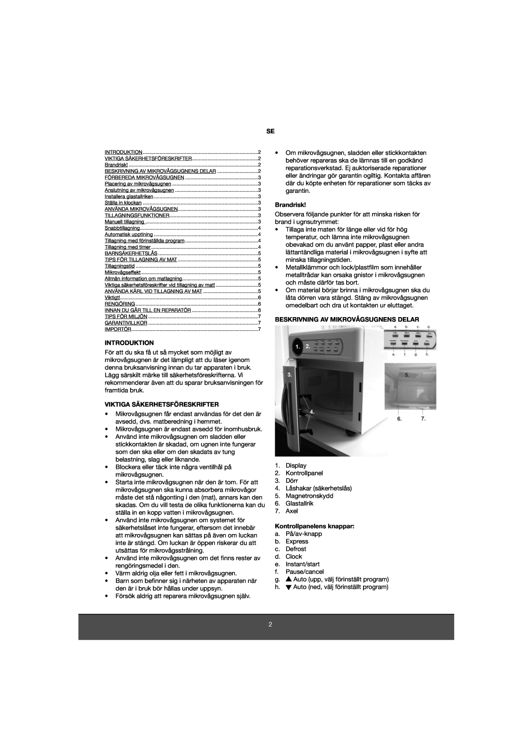 Melissa 653-081 manual Introduktion, Viktiga Säkerhetsföreskrifter, Brandrisk, Beskrivning Av Mikrovågsugnens Delar 