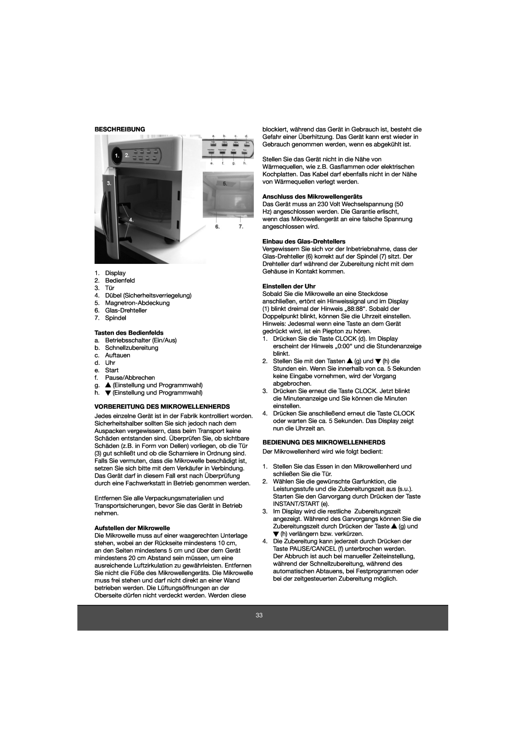 Melissa 653-081 manual Beschreibung, Tasten des Bedienfelds, Vorbereitung Des Mikrowellenherds, Aufstellen der Mikrowelle 