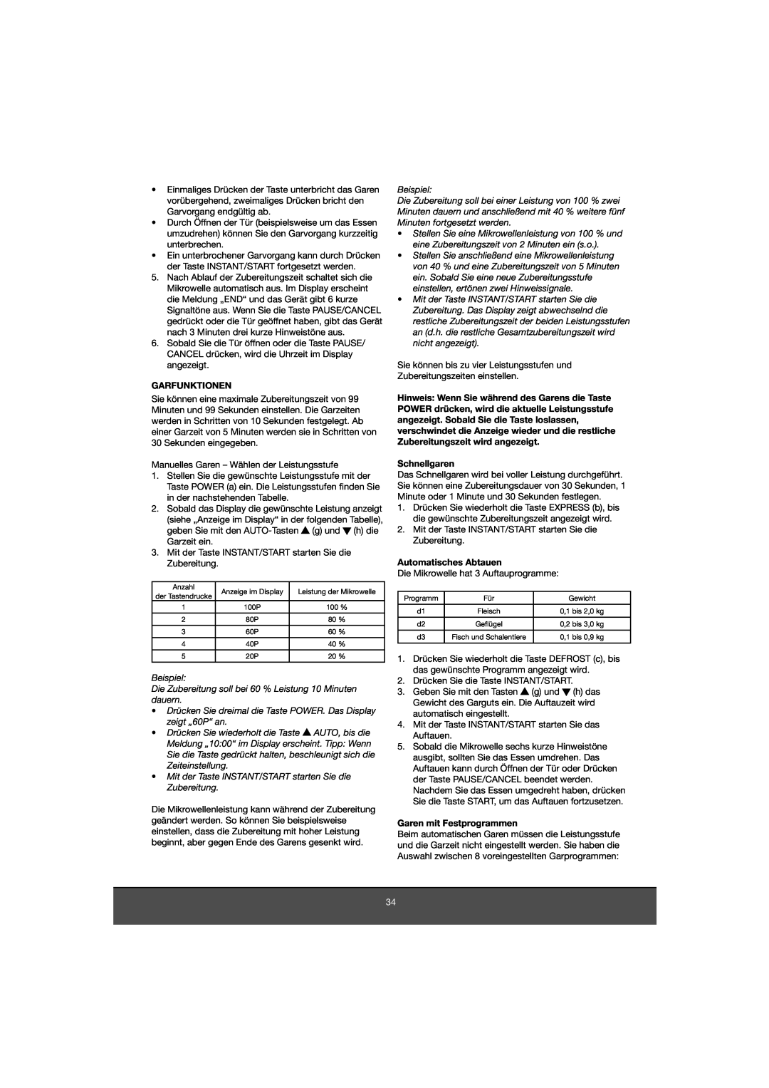 Melissa 653-081 manual Garfunktionen, Schnellgaren, Automatisches Abtauen, Garen mit Festprogrammen 