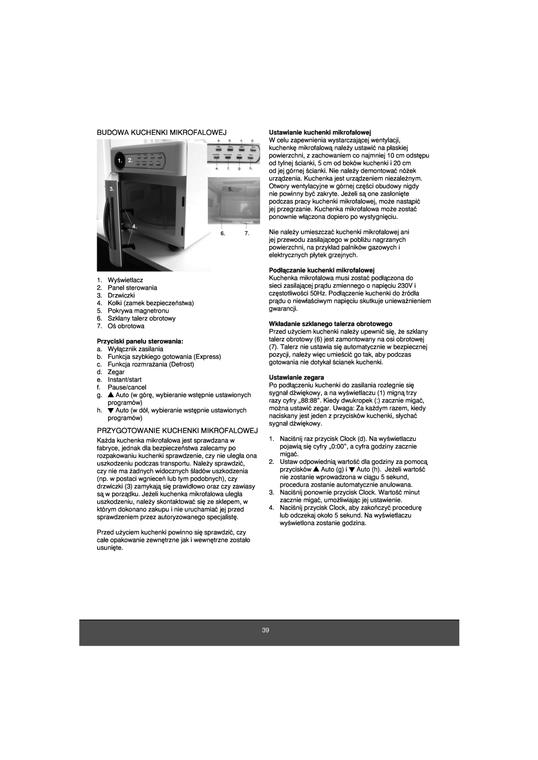 Melissa 653-081 manual Budowa Kuchenki Mikrofalowej, Przygotowanie Kuchenki Mikrofalowej, Przyciski panelu sterowania 