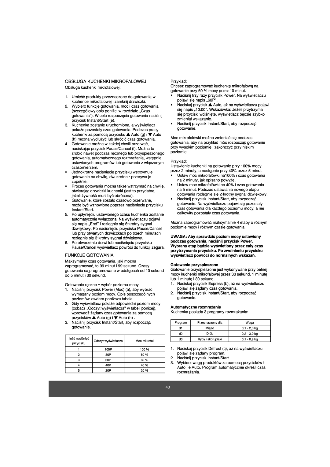 Melissa 653-081 manual Obs¸Uga Kuchenki Mikrofalowej, Funkcje Gotowania, Gotowanie przyspieszone, Automatyczne rozmra˝anie 