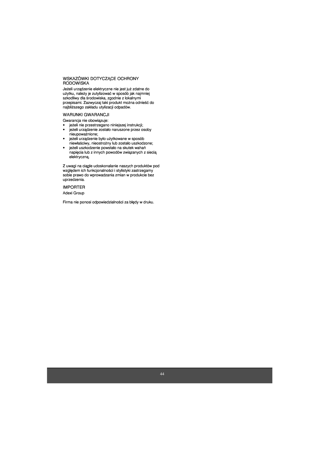 Melissa 653-081 manual Wskazówki Dotyczñce Ochrony Rodowiska, Warunki Gwarancji, Importer 