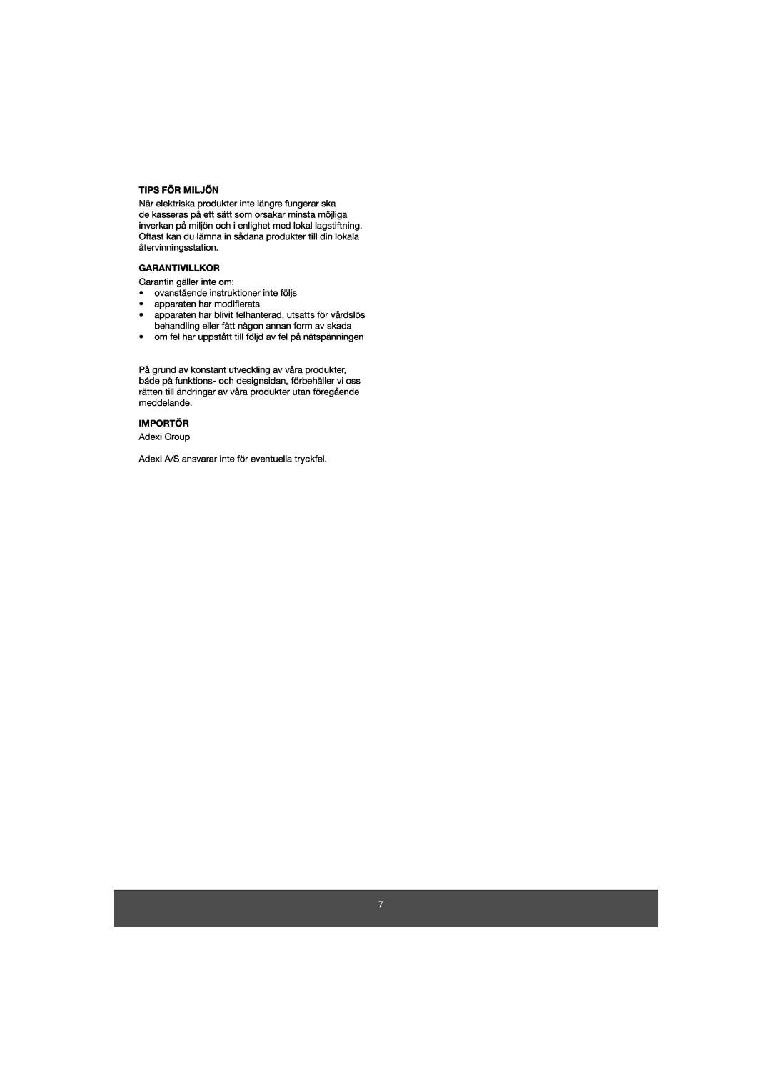 Melissa 653-081 manual Tips För Miljön, Garantivillkor, Importör 