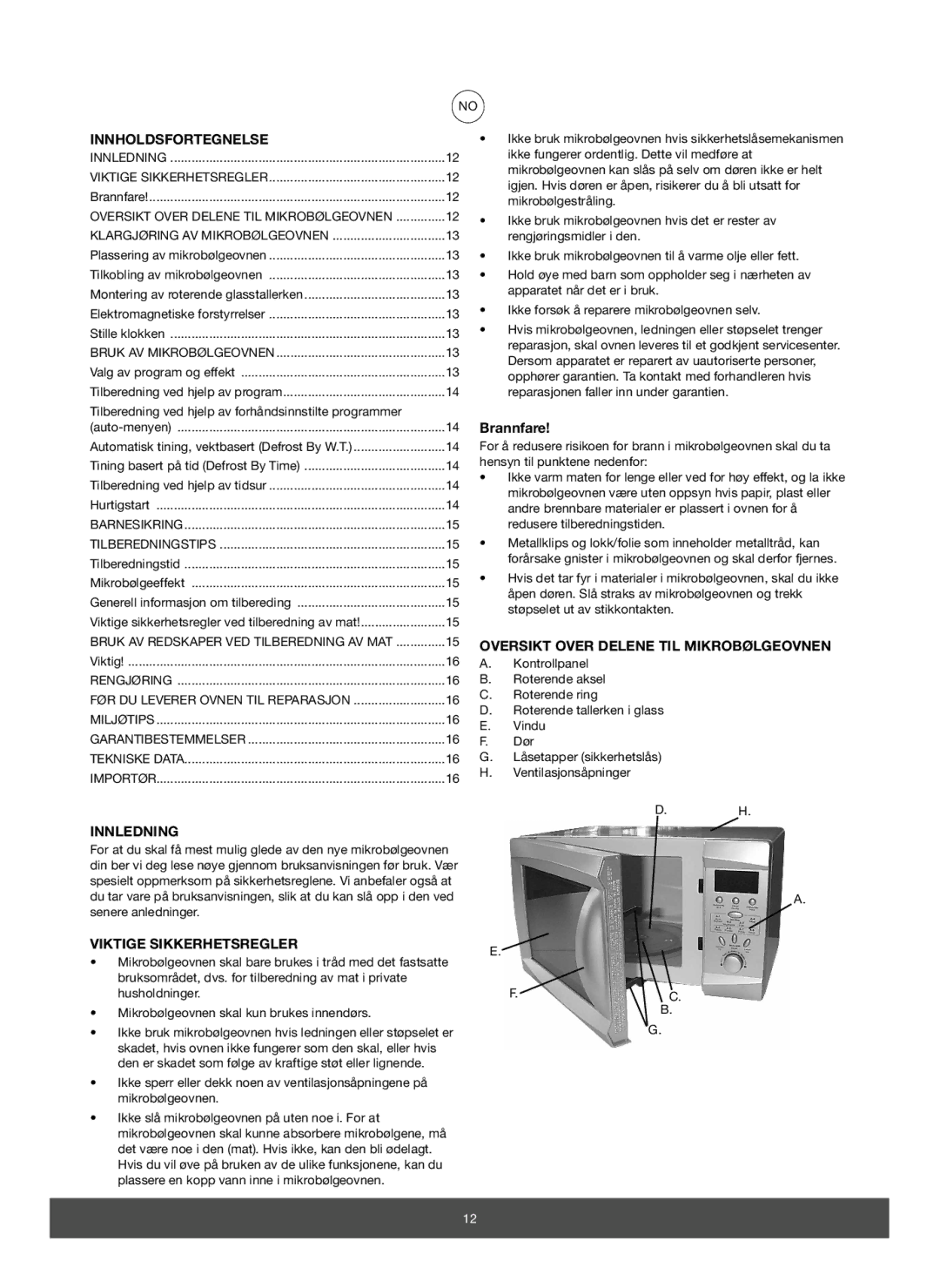 Melissa 653-082 manual Innholdsfortegnelse, Brannfare, Oversikt Over Delene TIL Mikrobølgeovnen, Innledning 