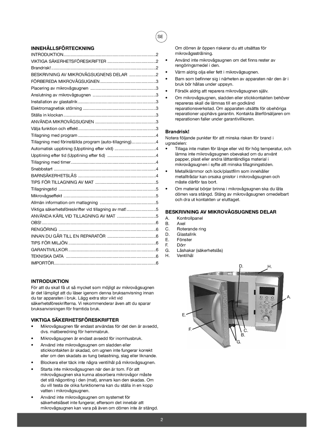 Melissa 653-082 manual Innehållsförteckning, Brandrisk, Beskrivning AV Mikrovågsugnens Delar, Introduktion 