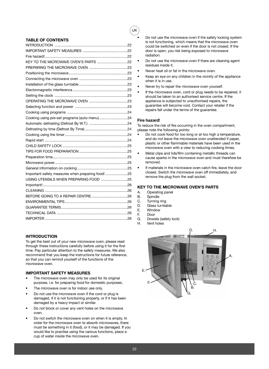 Melissa 653-082 manual Table of Contents, KEY to the Microwave OVEN’S Parts, Introduction, Important Safety Measures 