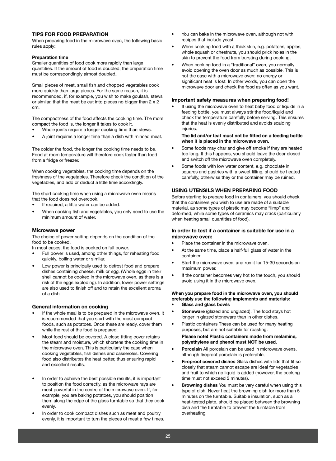 Melissa 653-082 manual Tips for Food Preparation, Important safety measures when preparing food, Microwave power 