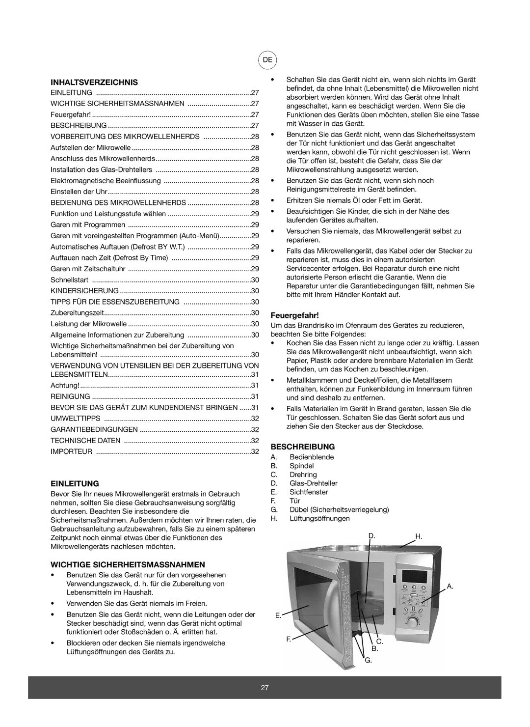 Melissa 653-082 manual Inhaltsverzeichnis, Einleitung, Wichtige Sicherheitsmassnahmen, Feuergefahr, Beschreibung 