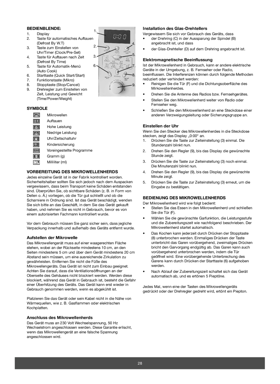 Melissa 653-082 manual Bedienblende, Symbole, Vorbereitung DES Mikrowellenherds, Bedienung DES Mikrowellenherds 