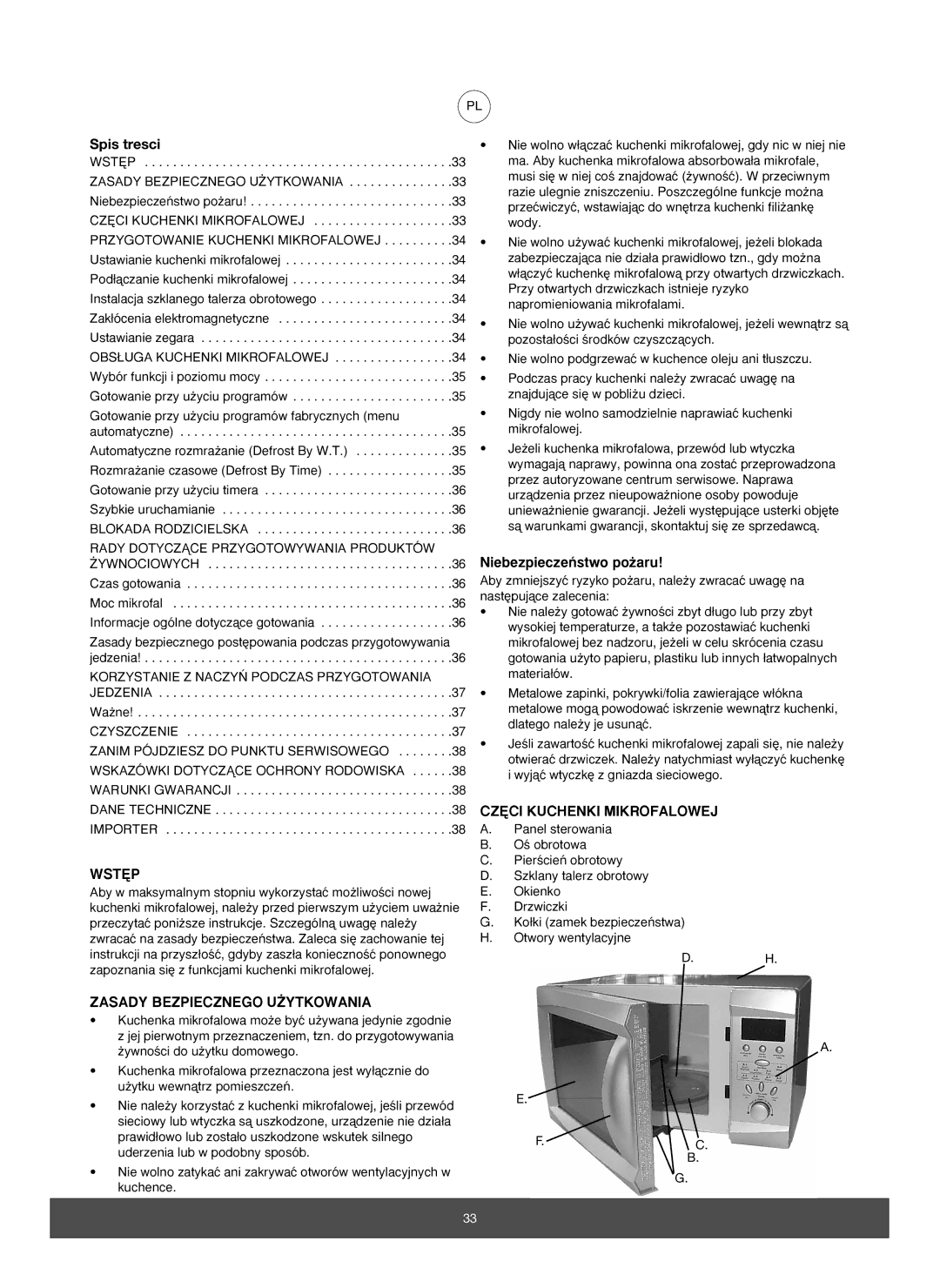 Melissa 653-082 Spis tresci, Niebezpieczeƒstwo po˝aru, Wst¢P, CZ¢CI Kuchenki Mikrofalowej, Zasady Bezpiecznego U˚YTKOWANIA 