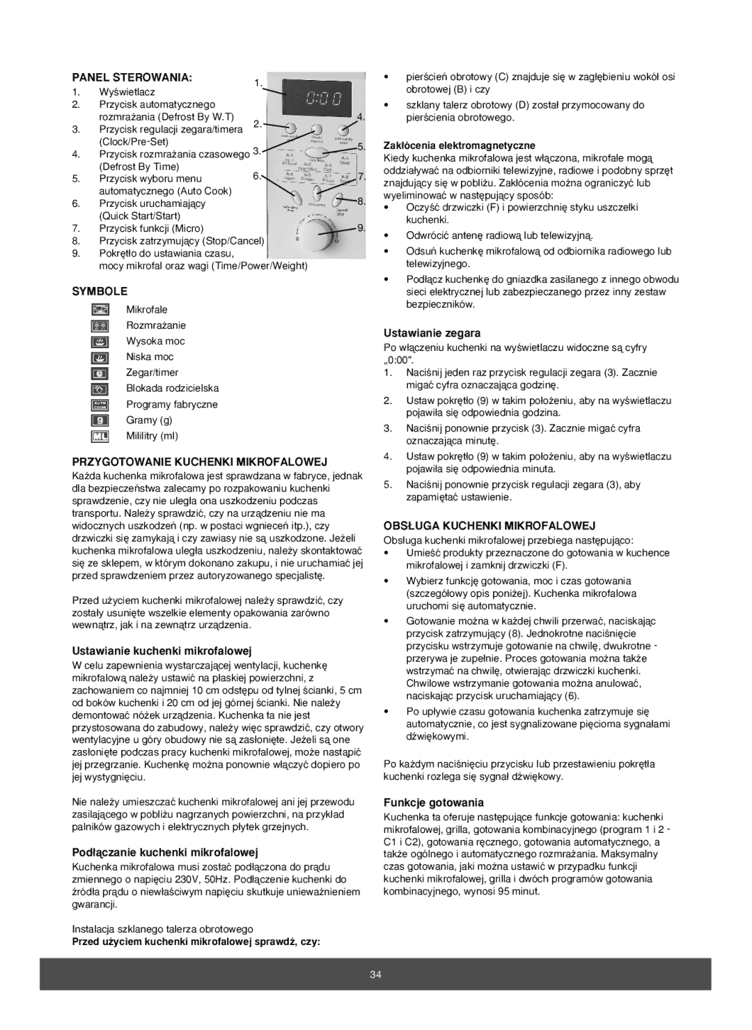 Melissa 653-082 manual Panel Sterowania, Przygotowanie Kuchenki Mikrofalowej, OBS¸UGA Kuchenki Mikrofalowej 