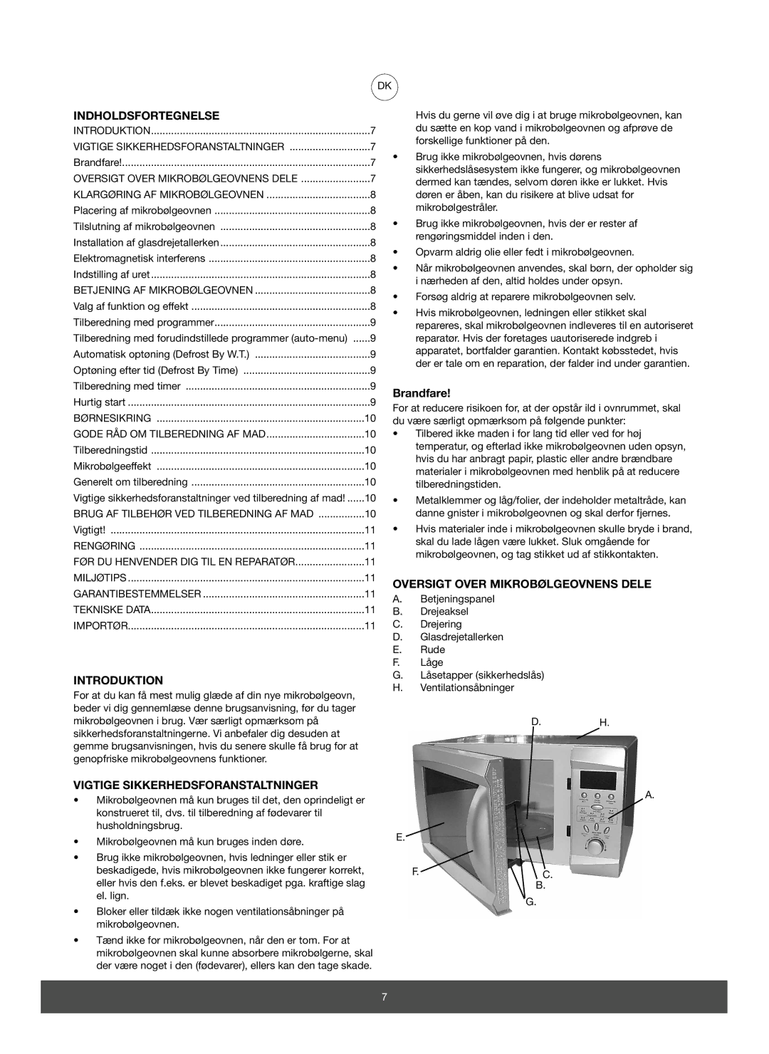 Melissa 653-082 Indholdsfortegnelse, Vigtige Sikkerhedsforanstaltninger, Brandfare, Oversigt Over Mikrobølgeovnens Dele 