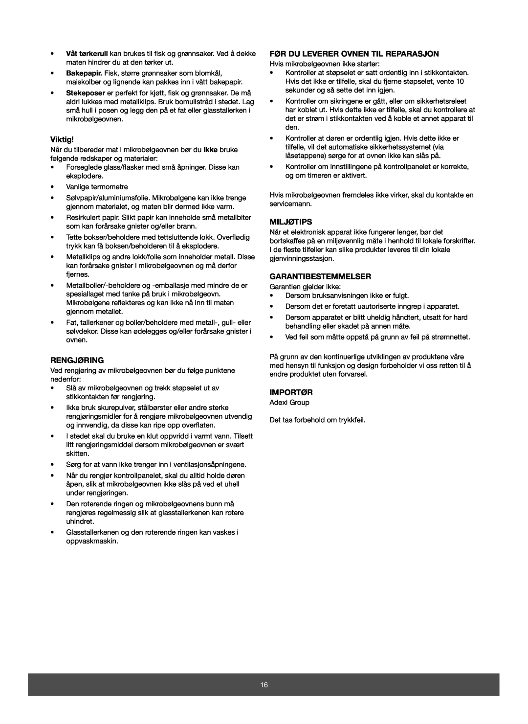 Melissa 653-082 manual Viktig, Rengjøring, Før Du Leverer Ovnen Til Reparasjon, Miljøtips, Garantibestemmelser, Importør 