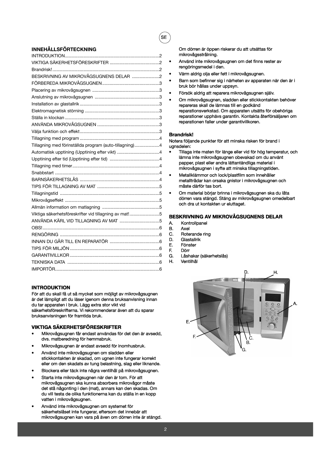 Melissa 653-082 manual Innehållsförteckning, Brandrisk, Beskrivning Av Mikrovågsugnens Delar, Introduktion 