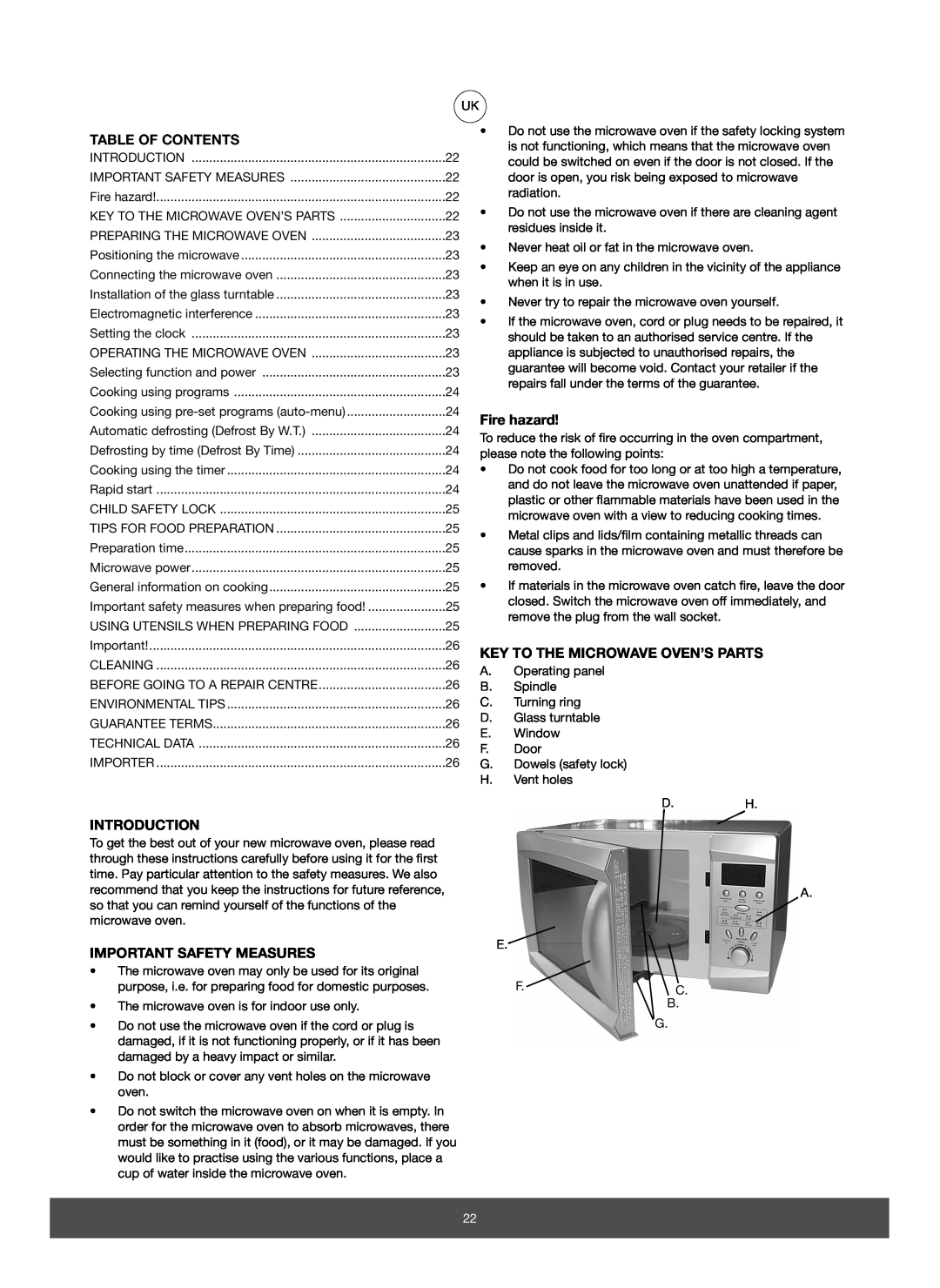 Melissa 653-082 Table Of Contents, Fire hazard, Key To The Microwave Oven’S Parts, Introduction, Important Safety Measures 