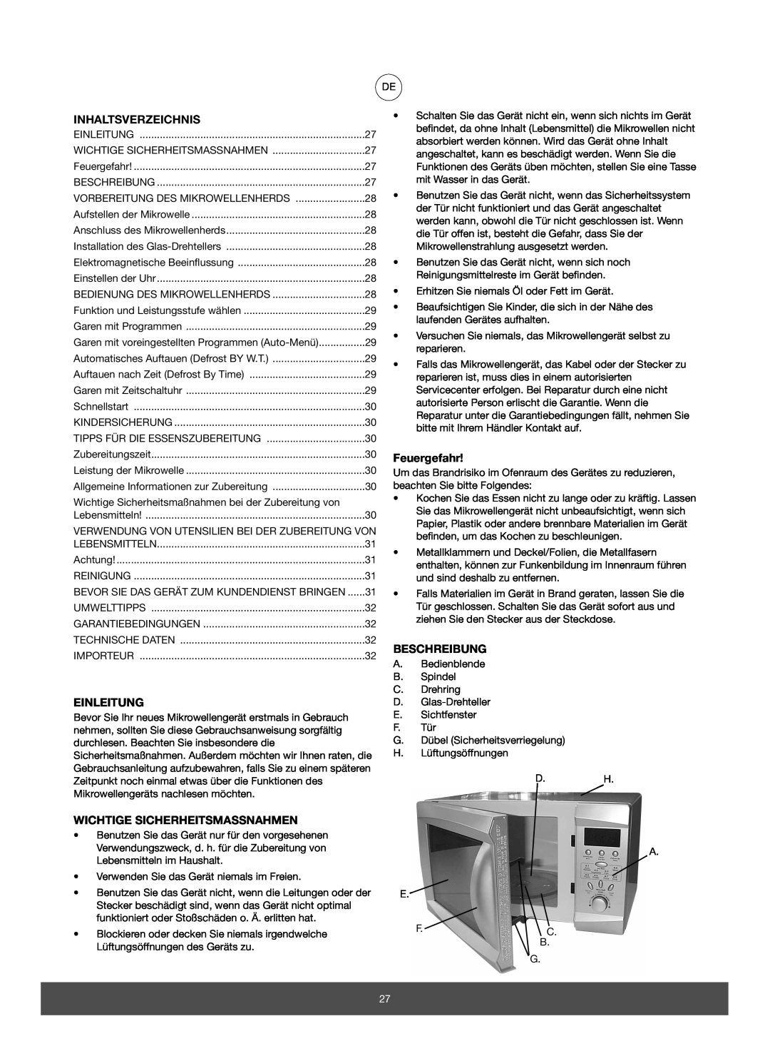 Melissa 653-082 manual Inhaltsverzeichnis, Einleitung, Wichtige Sicherheitsmassnahmen, Feuergefahr, Beschreibung 