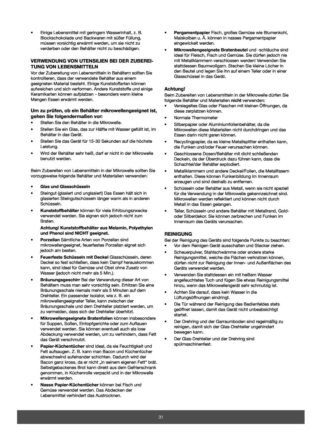 Melissa 653-082 manual Verwendung Von Utensilien Bei Der Zuberei- Tung Von Lebensmitteln, Achtung, Reinigung 