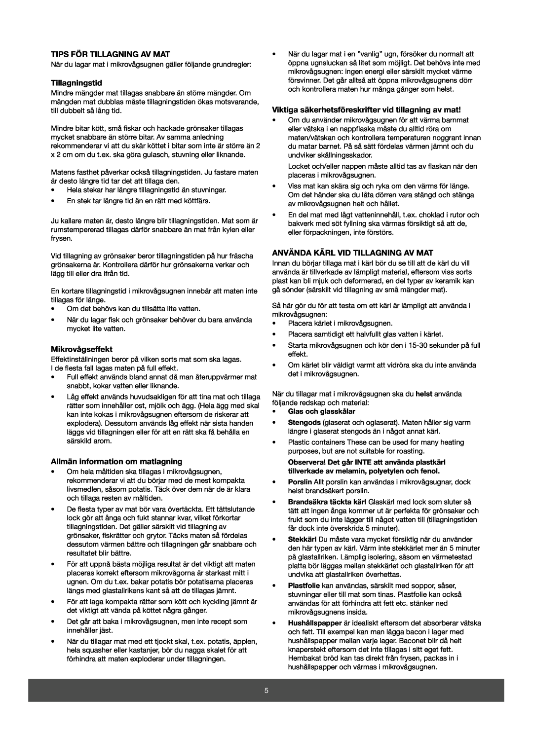 Melissa 653-082 manual Tips För Tillagning Av Mat, Tillagningstid, Mikrovågseffekt, Allmän information om matlagning 
