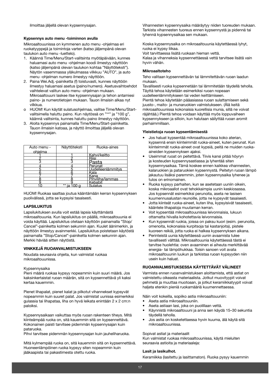 Melissa 653-089 manual Lapsilukitus, Vinkkejä Ruoanvalmistukseen, Ruoanvalmistuksessa Käytettävät Välineet 