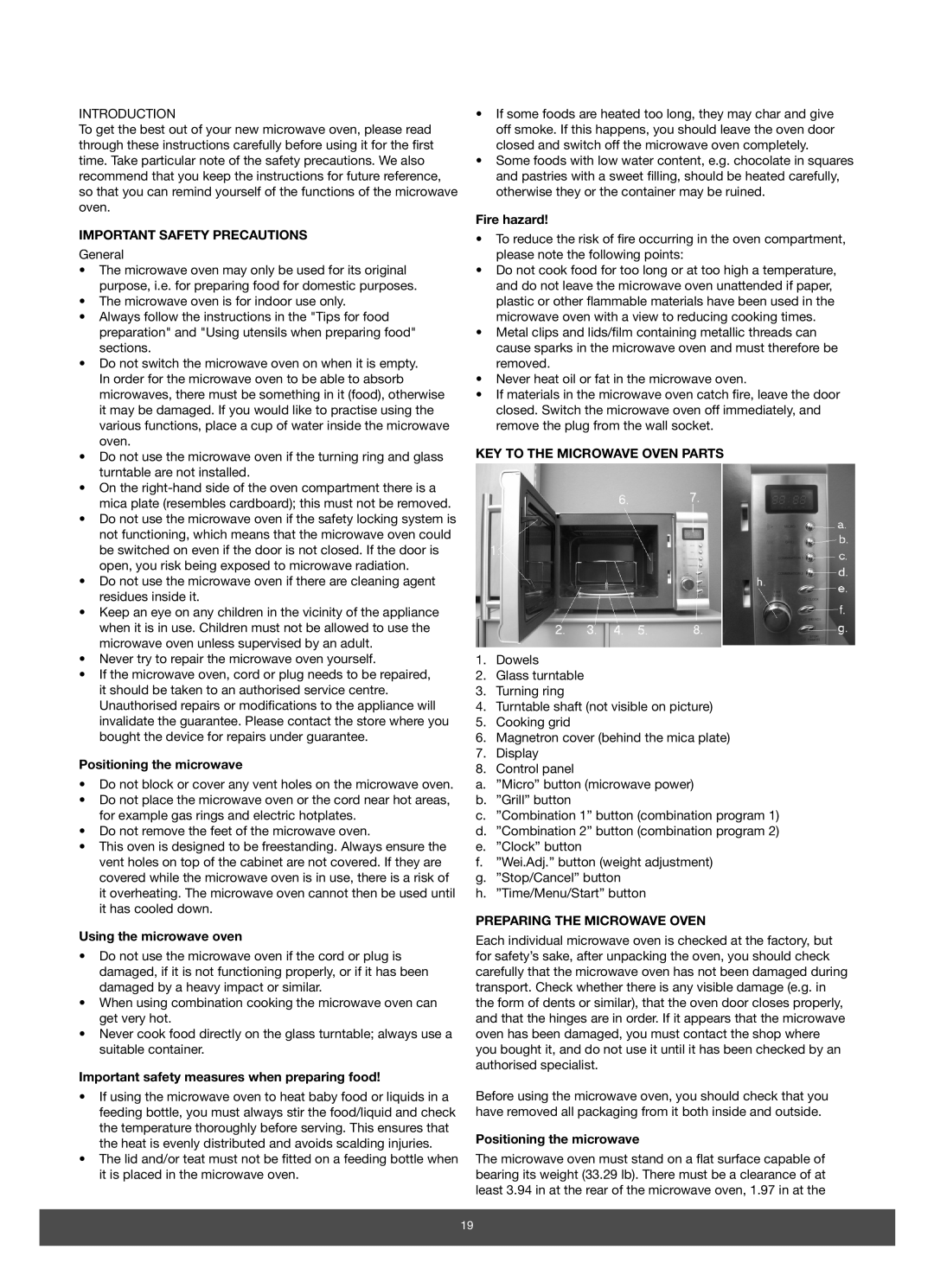 Melissa 653-089 manual Important Safety Precautions, KEY to the Microwave Oven Parts, Preparing the Microwave Oven 