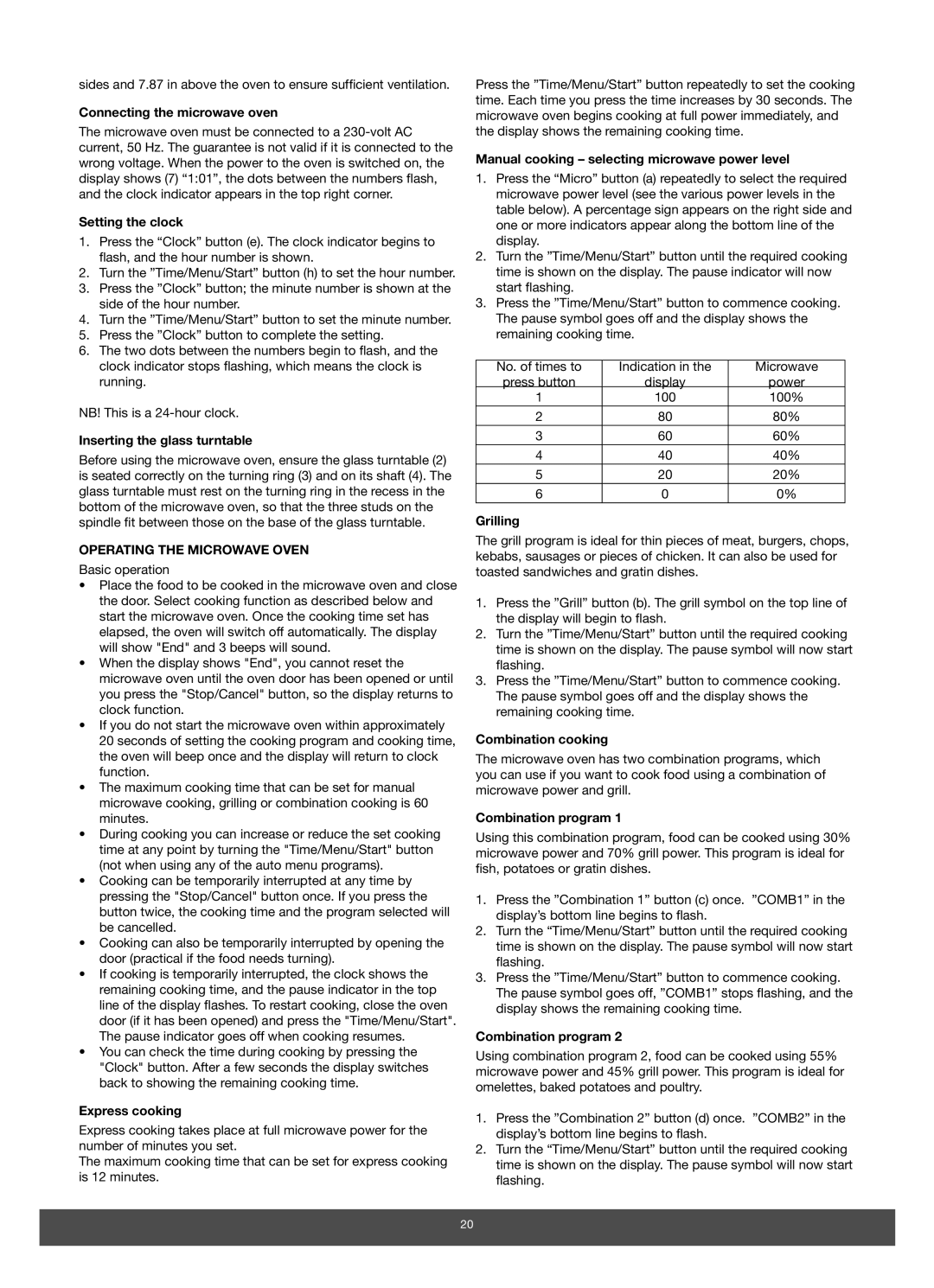 Melissa 653-089 manual Operating the Microwave Oven 