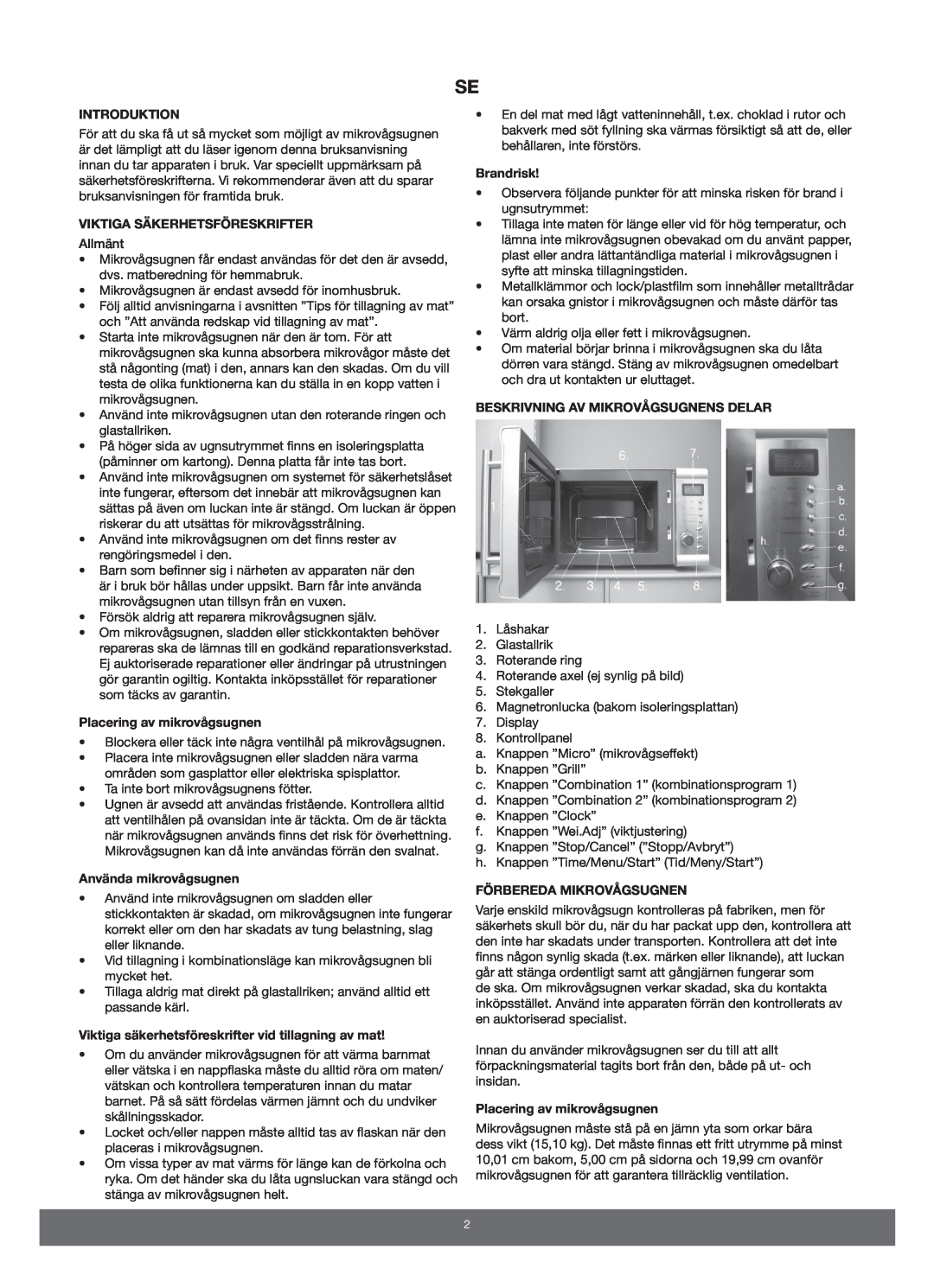 Melissa 653-089 manual Introduktion, Viktiga Säkerhetsföreskrifter, Placering av mikrovågsugnen, Använda mikrovågsugnen 