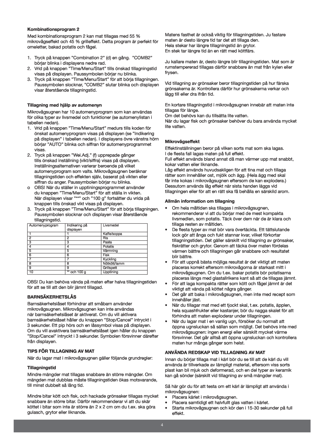 Melissa 653-089 manual Kombinationsprogram, Tillagning med hjälp av automenyn, Barnsäkerhetslås, Tips För Tillagning Av Mat 