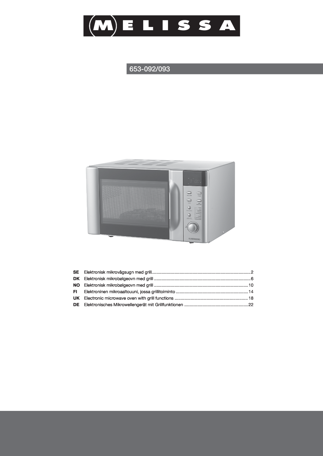 Melissa 653-092/093 manual Electronic microwave oven with grill functions 