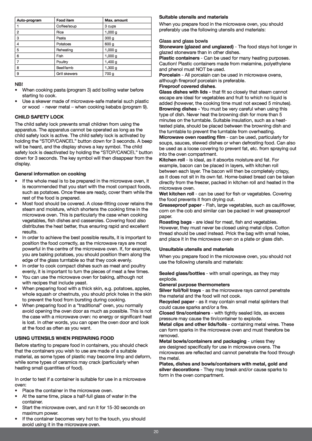 Melissa 653-092/093 manual Child Safety Lock, General information on cooking, Using Utensils When Preparing Food 