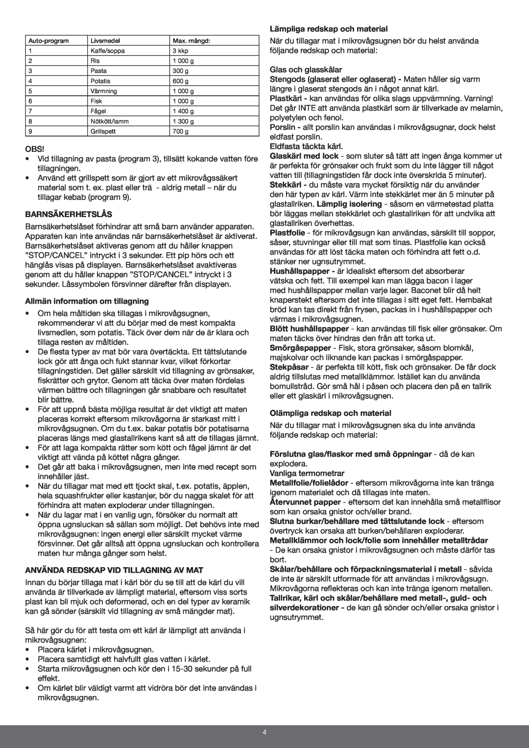 Melissa 653-092/093 manual Barnsäkerhetslås, Allmän information om tillagning, Använda Redskap Vid Tillagning Av Mat 