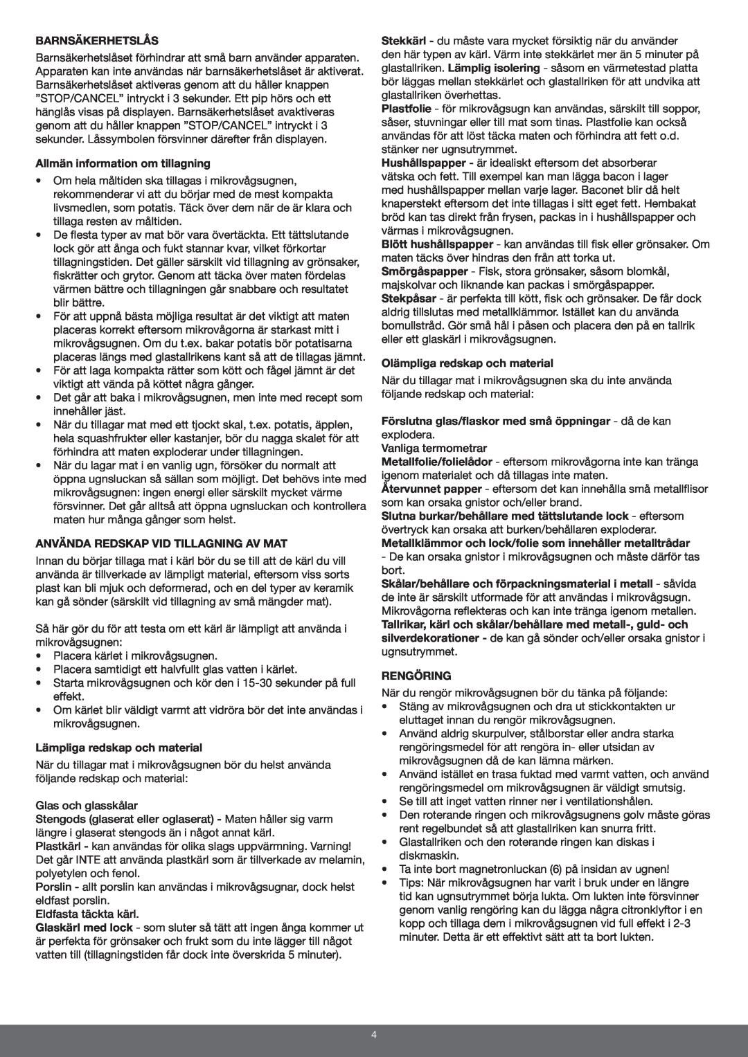 Melissa 653-094 manual Barnsäkerhetslås, Allmän information om tillagning, Använda Redskap Vid Tillagning Av Mat, Rengöring 