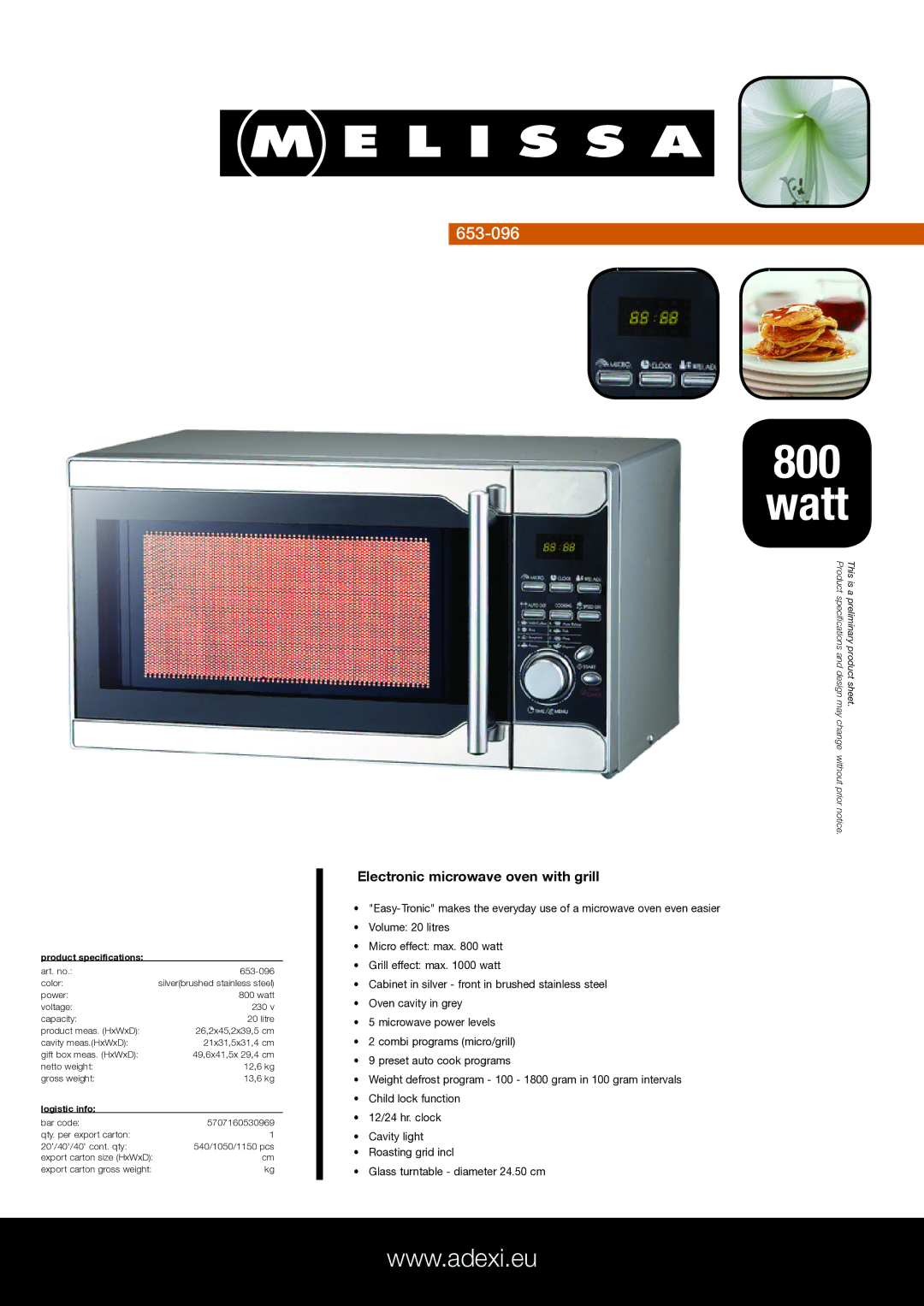 Melissa 653-096 specifications Watt, Electronic microwave oven with grill, Product specifications, Logistic info 