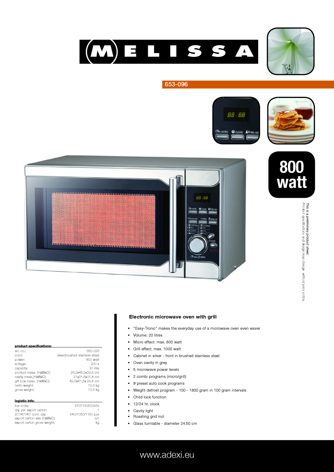 Melissa 653-096 specifications watt, Electronic microwave oven with grill 