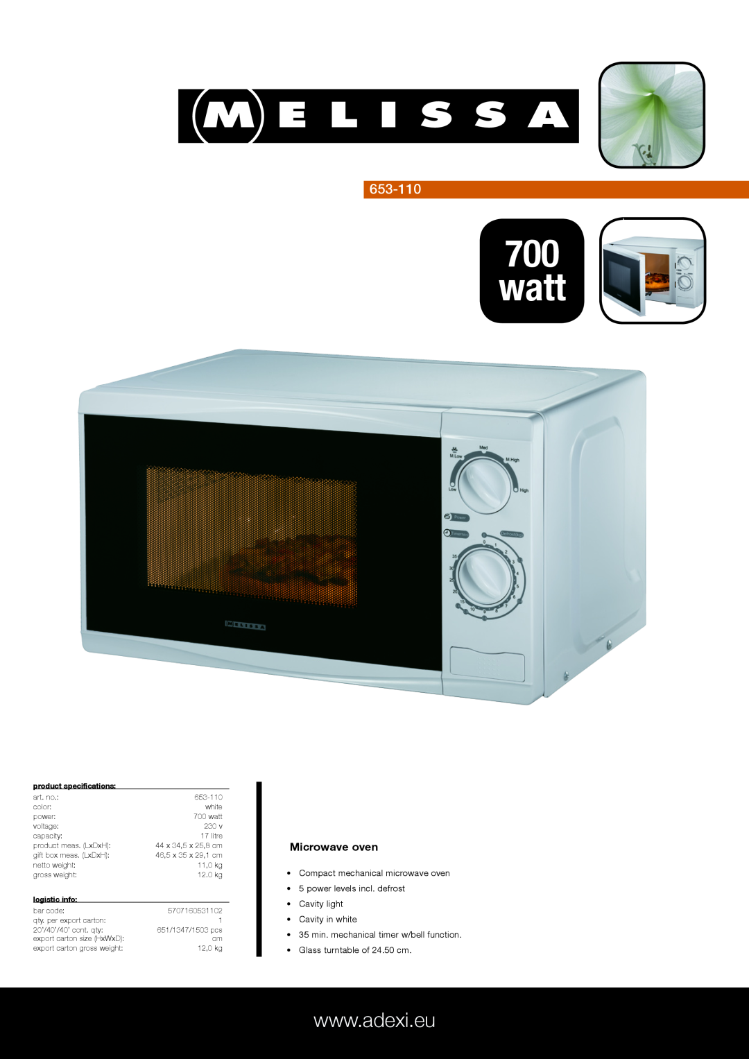 Melissa 653-110 specifications watt, Microwave oven, Compact mechanical microwave oven, Cavity in white, logistic info 