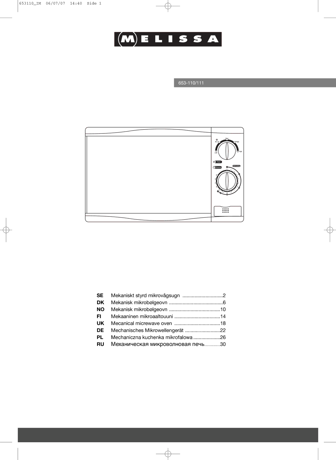 Melissa 653-111 manual Механическая микроволновая печь 