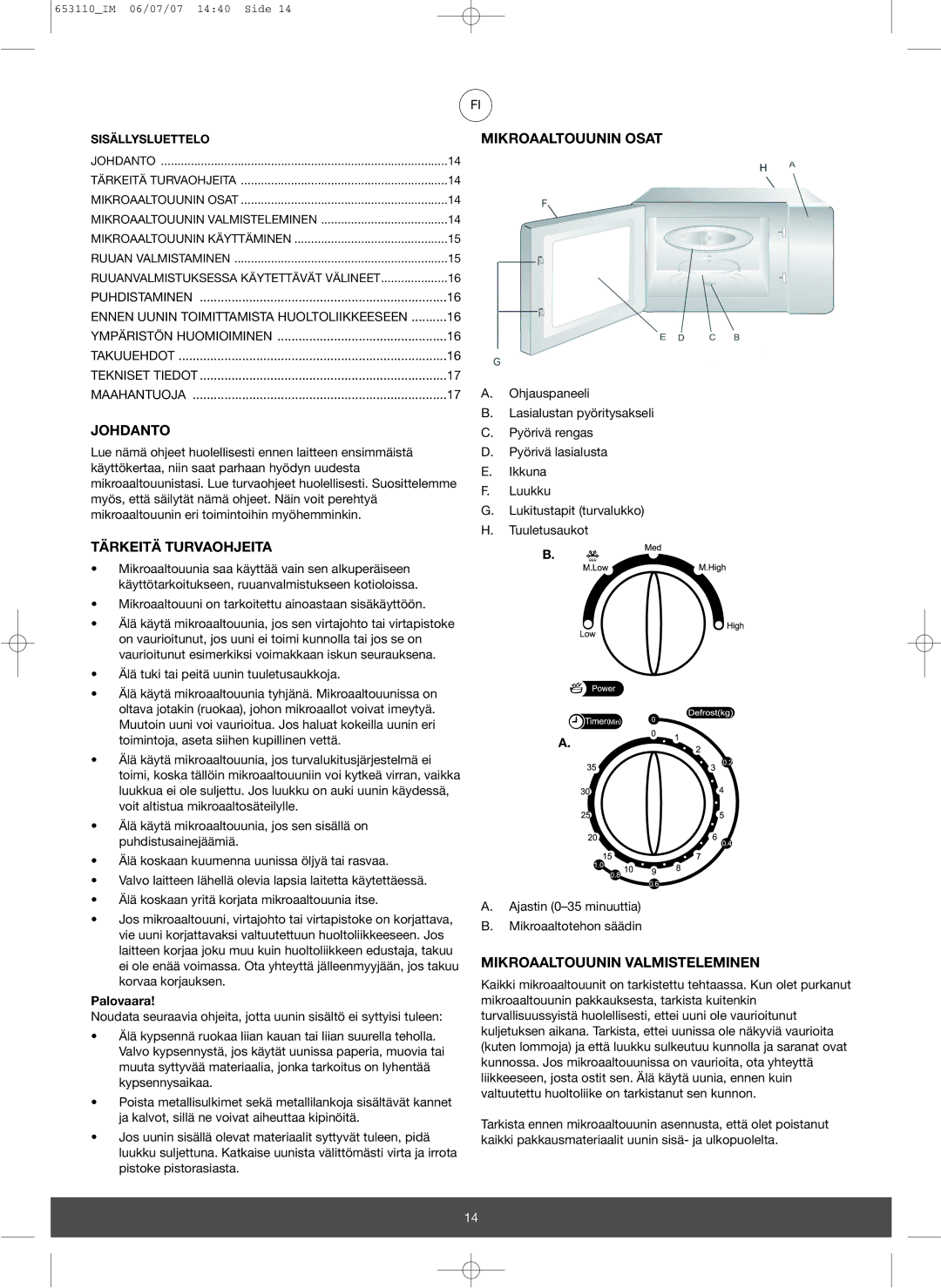 Melissa 653-111 manual Mikroaaltouunin Osat, Johdanto, Tärkeitä Turvaohjeita, Mikroaaltouunin Valmisteleminen, Palovaara 