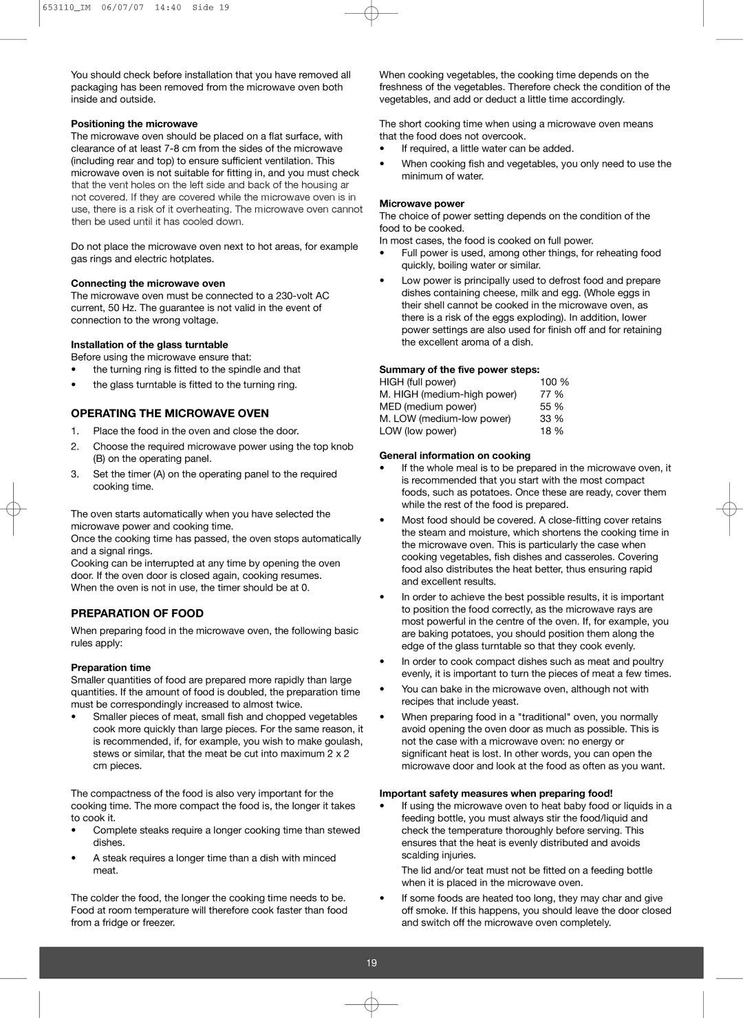 Melissa 653-111 manual Operating the Microwave Oven, Preparation of Food 