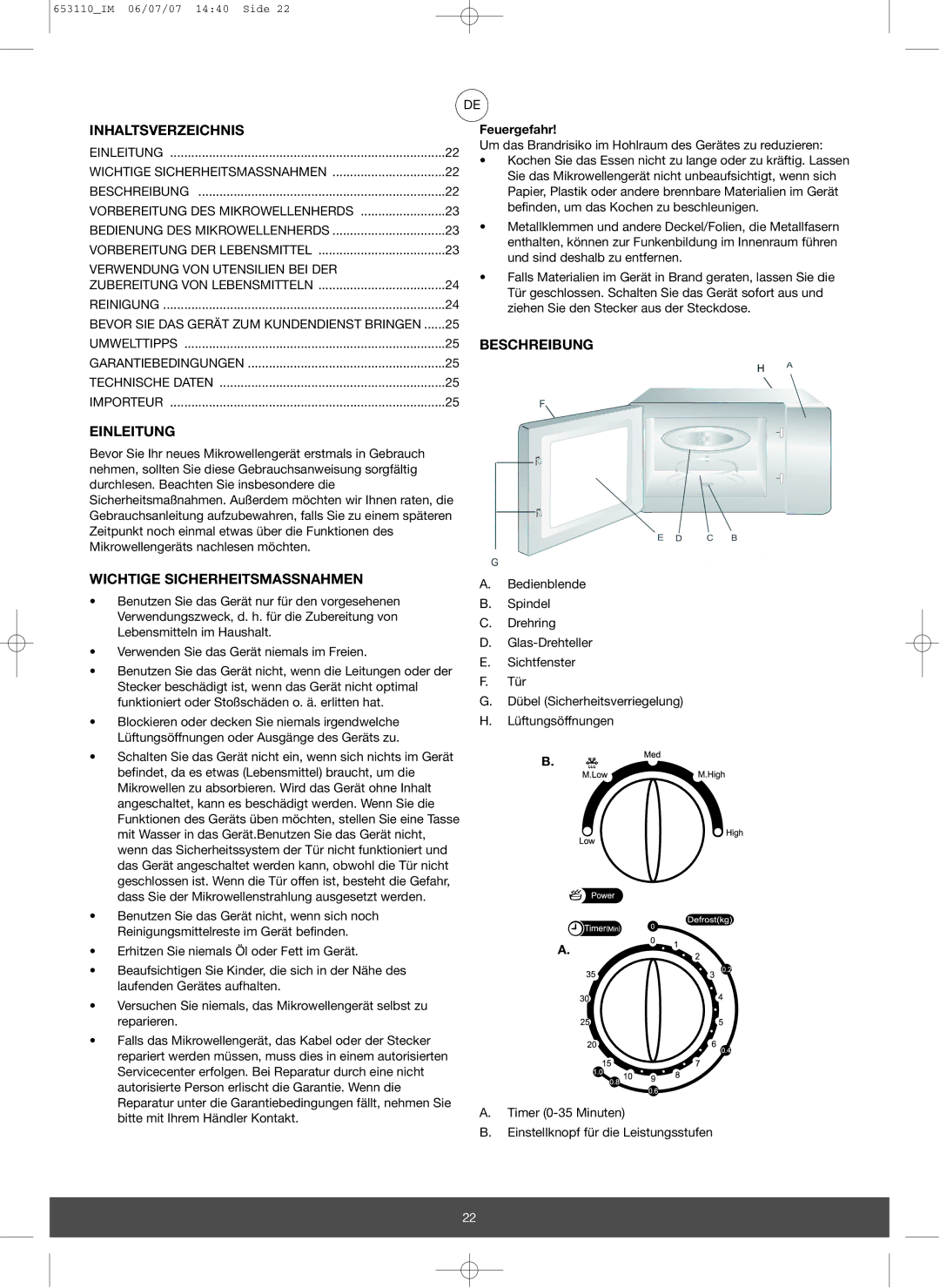 Melissa 653-111 manual Inhaltsverzeichnis, Einleitung, Wichtige Sicherheitsmassnahmen, Beschreibung, Feuergefahr 